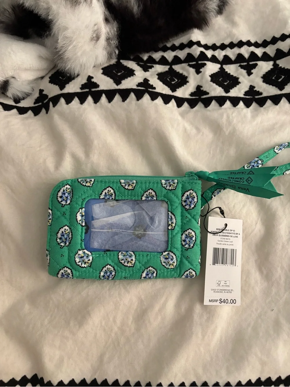 NWT-Vera Bradley Garden Green Leaf RFID Double Zip ID Wristlet/Wallet